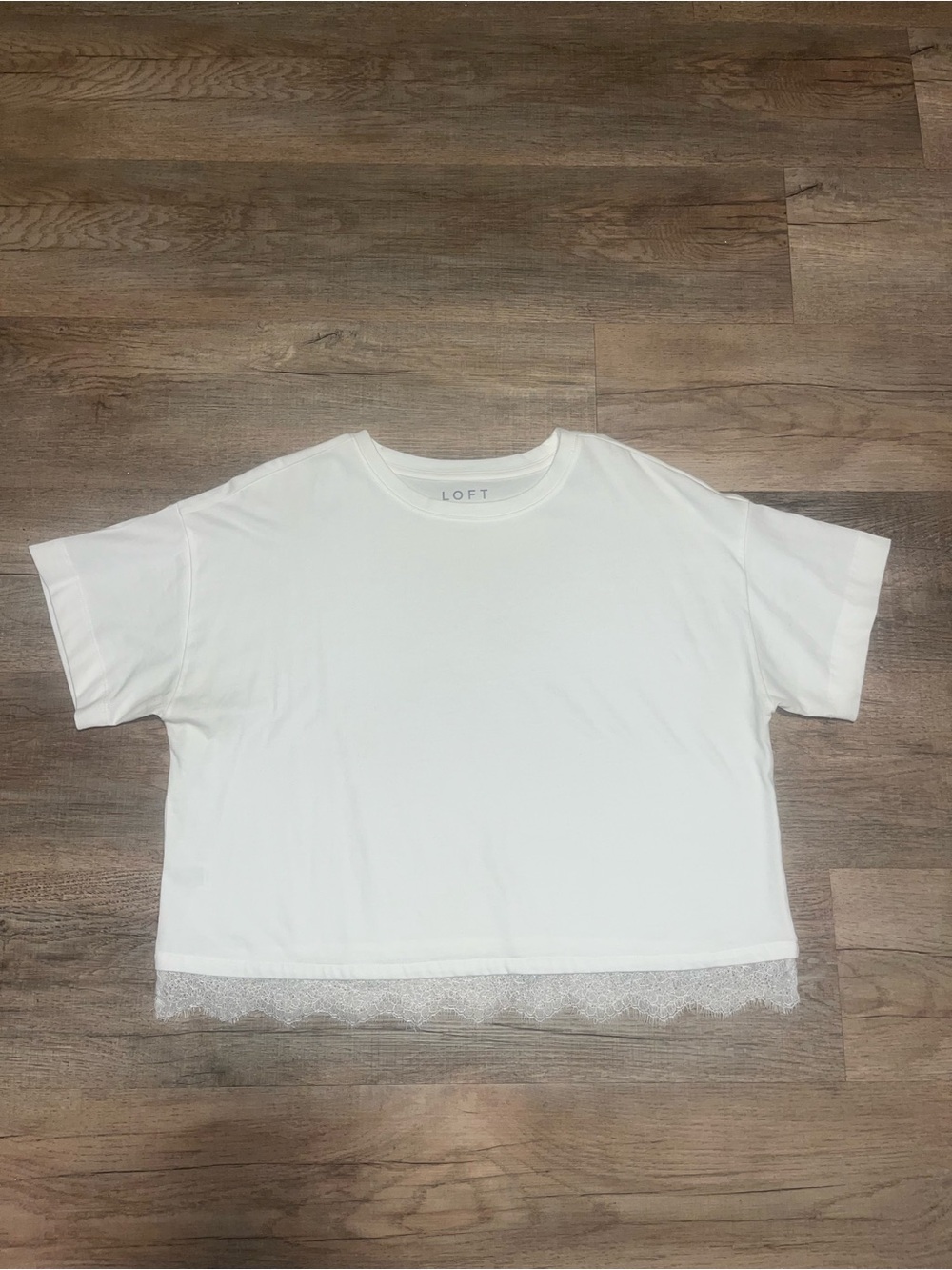 LOFT White Short Sleeve Tee with Lace Hem